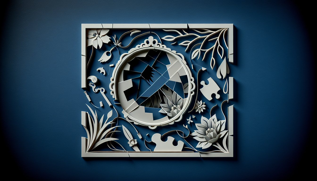 Paper art showing person amid torn paper shapes and question marks on dark blue background representing self-sabotage quiz