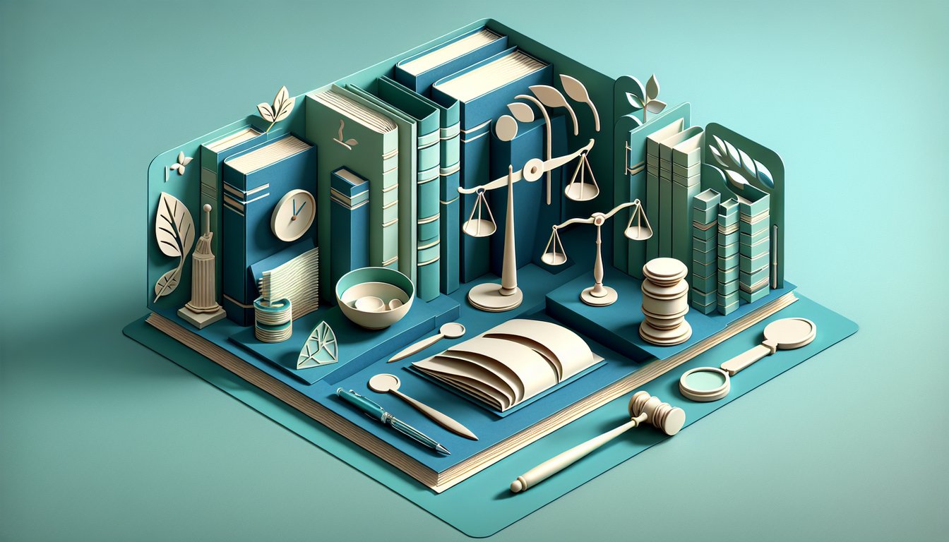 Paper art illustration with law symbols and text Would I Be a Good Paralegal quiz on teal background