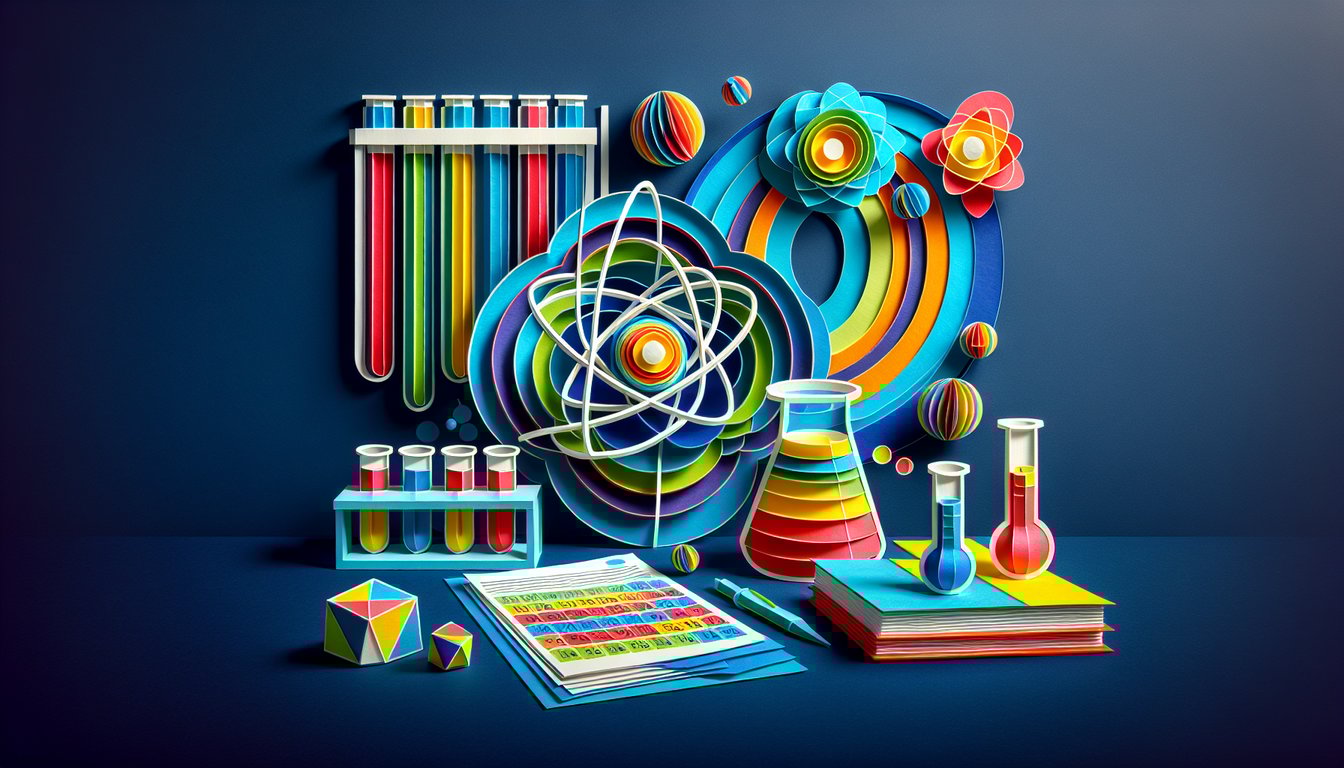 Paper art depicting trivia quiz on atomic radius for high school chemistry exam prep.