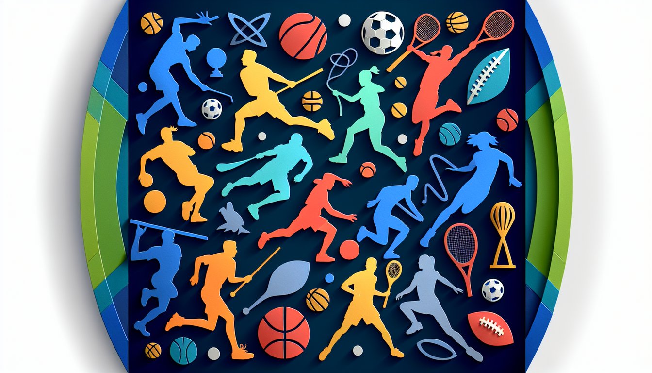 Colorful paper art displaying sports equipment for a Sports Player Trivia Quiz.