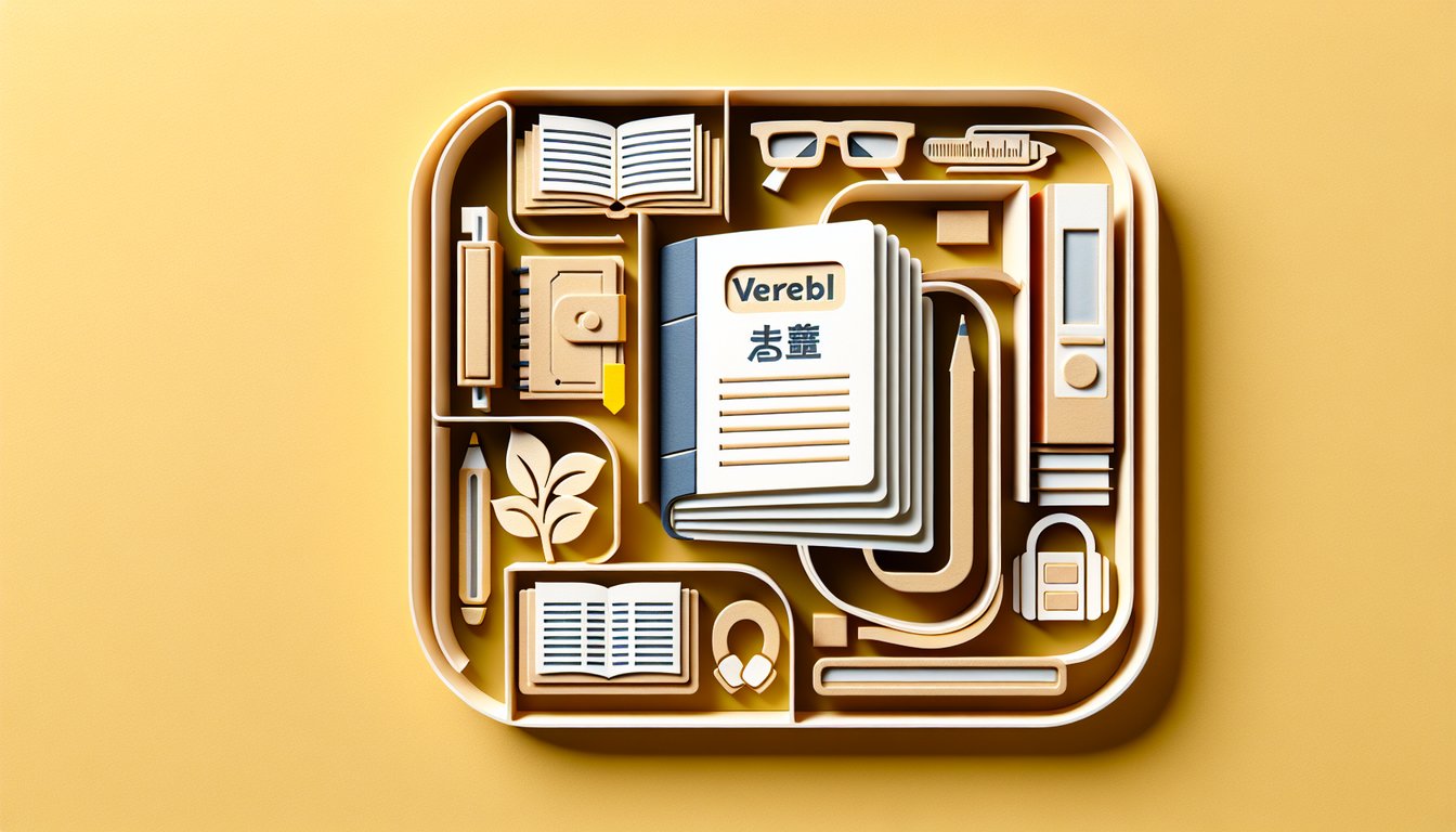 paper art illustration of stylized Japanese verbs in plain form, quiz icons, flashcards on golden yellow background
