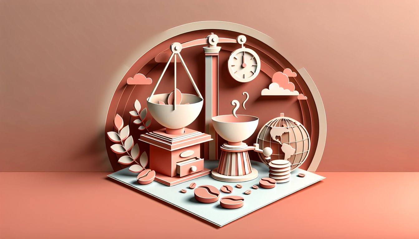 Paper art illustration for quiz testing knowledge on free trade coffee trading on a coral background.
