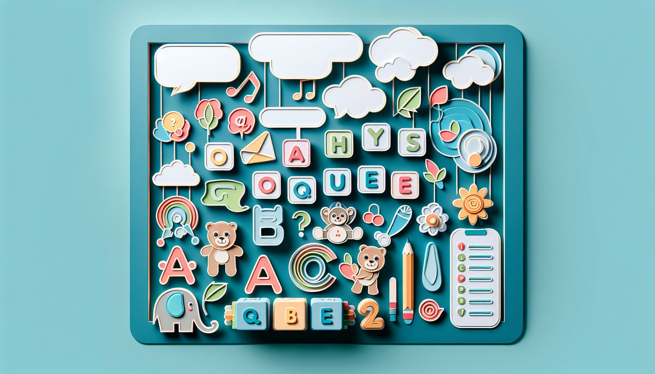 paper art collage of alphabet blocks, speech bubbles and animal figures on teal background playful toddler language quiz