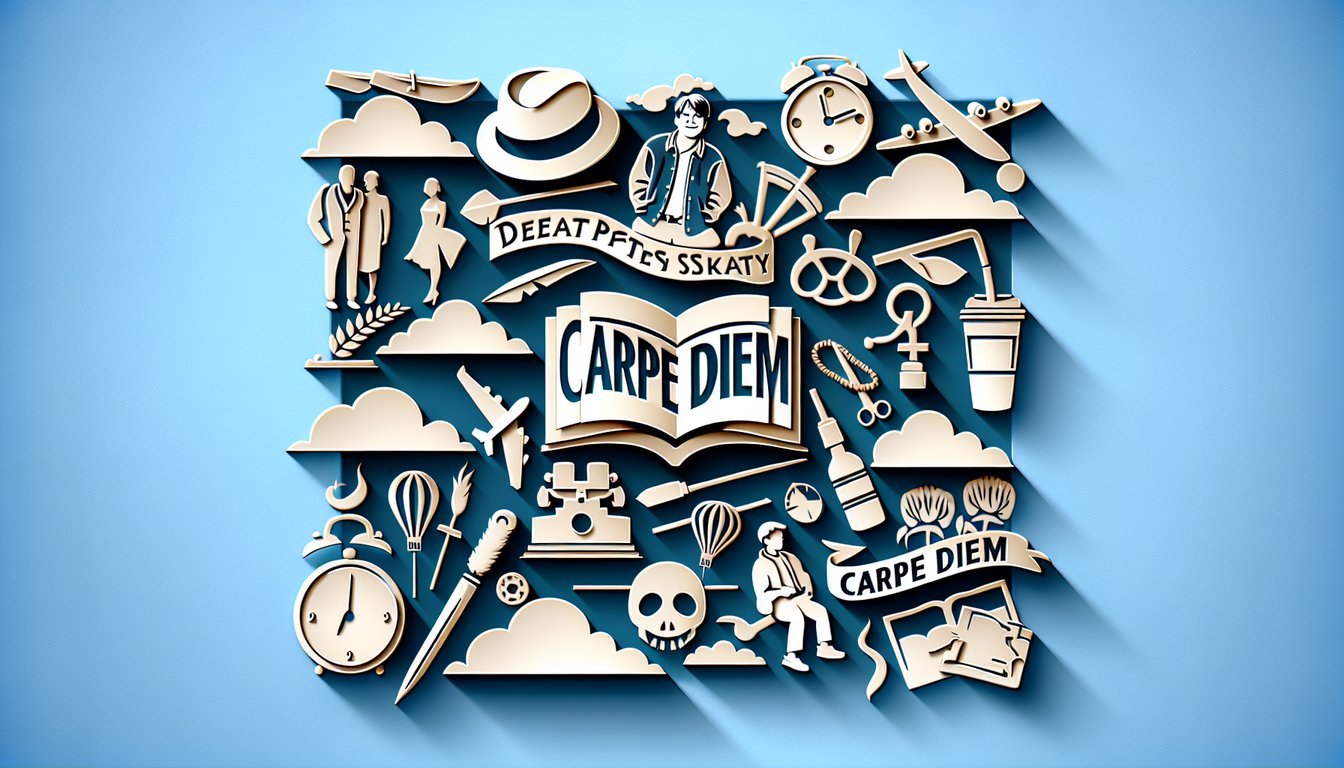 Paper art illustration with quill pen open book Carpe Diem text sky blue background Dead Poets Society quiz