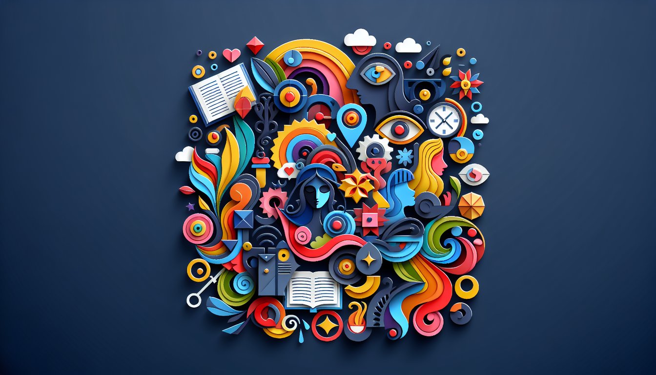 Paper art representing a trivia quiz on character-driven thematic development for high school English students.
