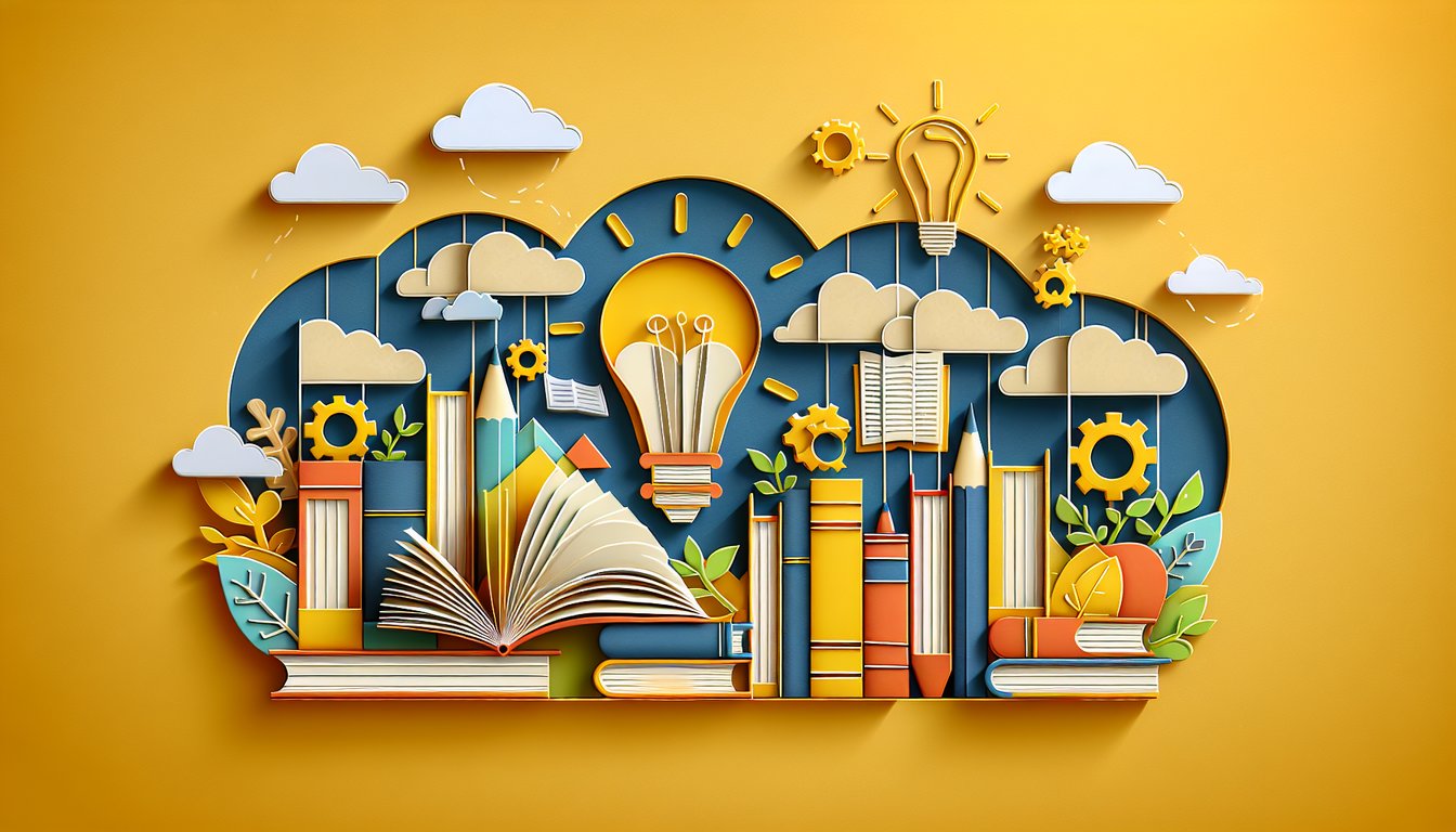 Paper art illustration for DDLC quiz on golden yellow background