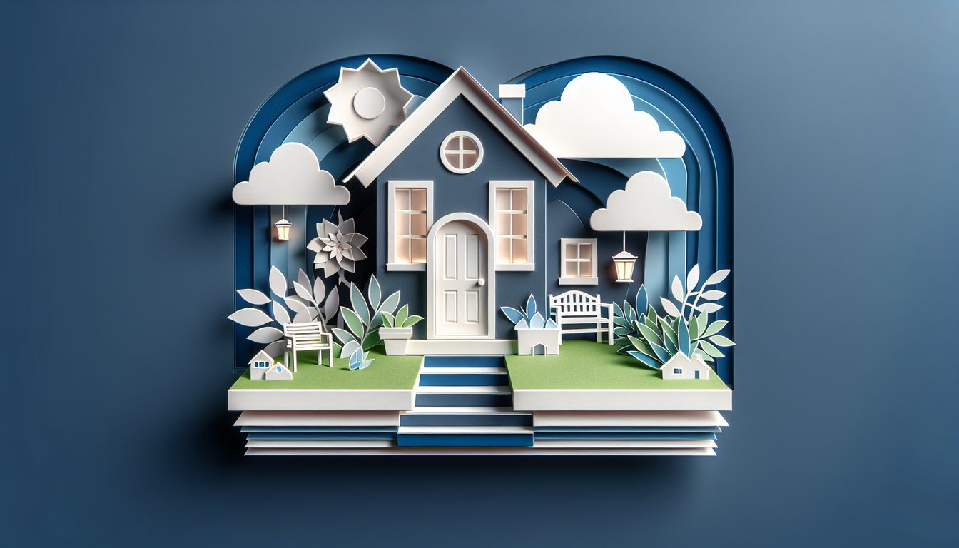 Paper art house on dark blue background for quiz on Sandra Cisneros A House of My Own reading comprehension and renting life