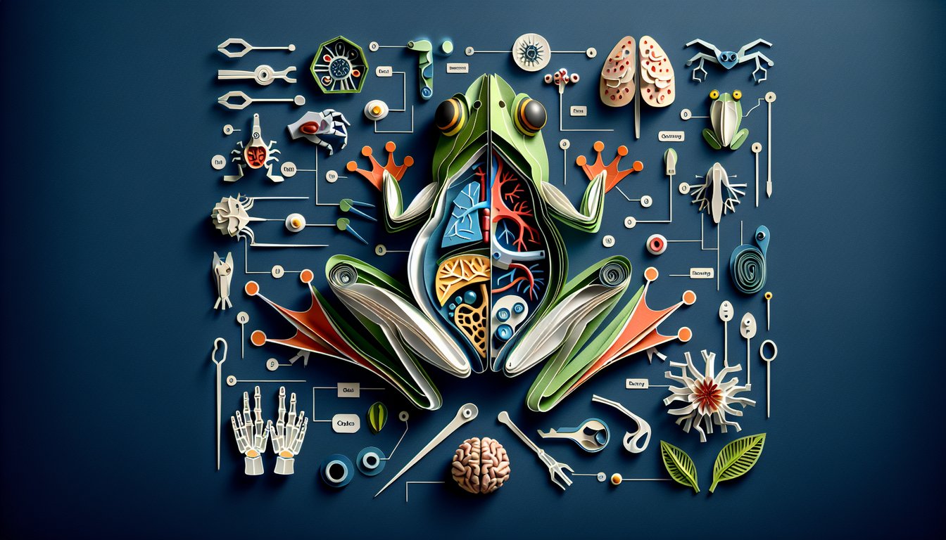 Paper art illustrating Frog Anatomy Frenzy trivia for middle school biology students