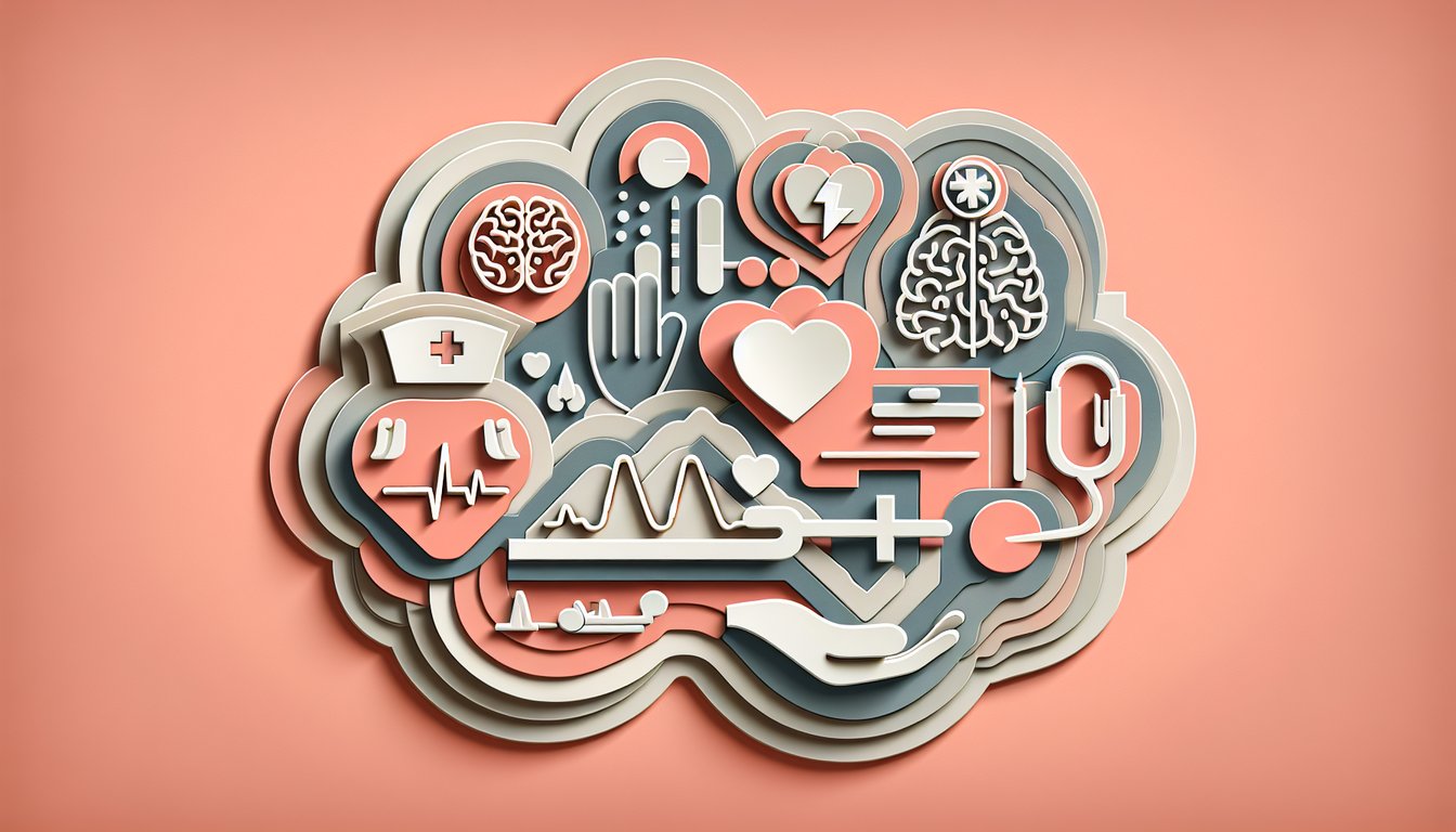 Paper art coral background, stylized nurse worried client figures, anxiety symbols quiz prompt