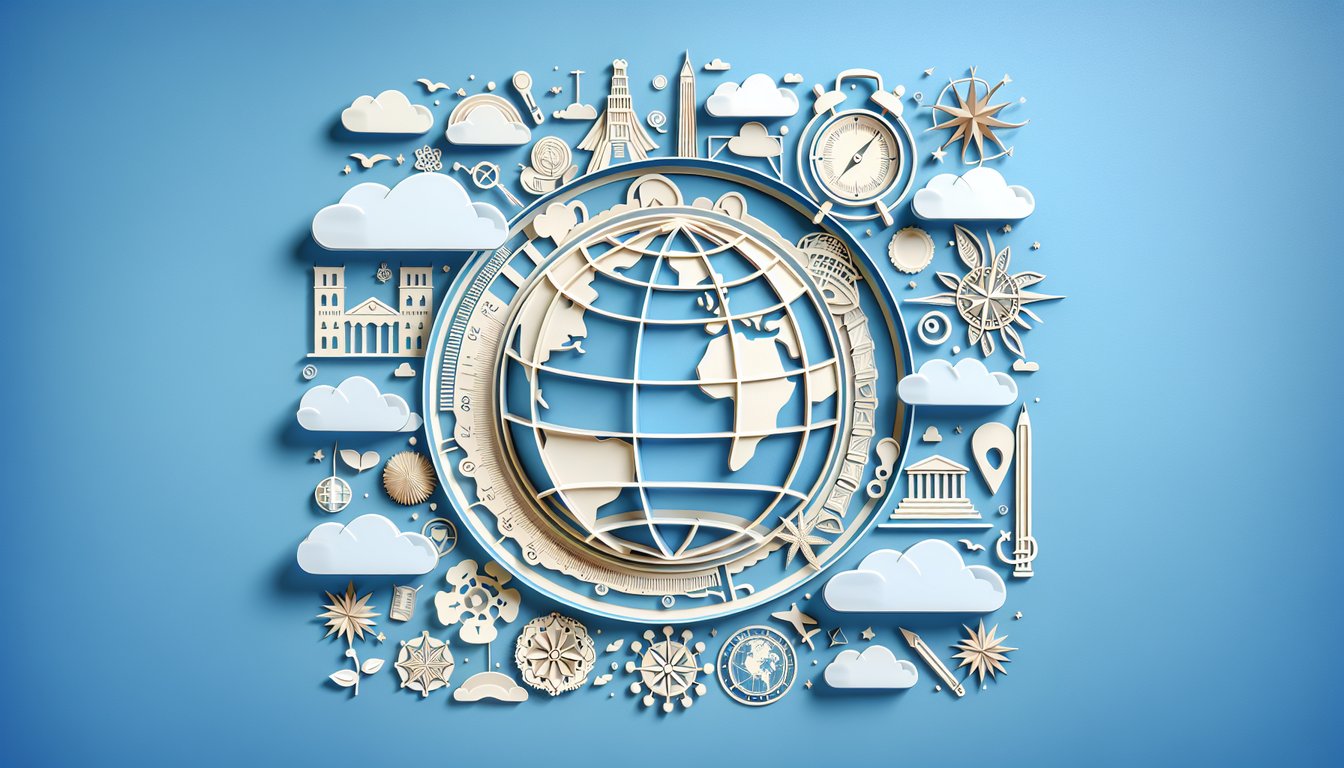 Paper art illustration for 7th grade social studies vocabulary quiz on sky blue background