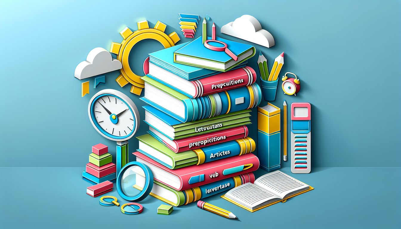 Paper art quiz icons on sky blue background illustrating free English final exam on prepositions articles and verb usage