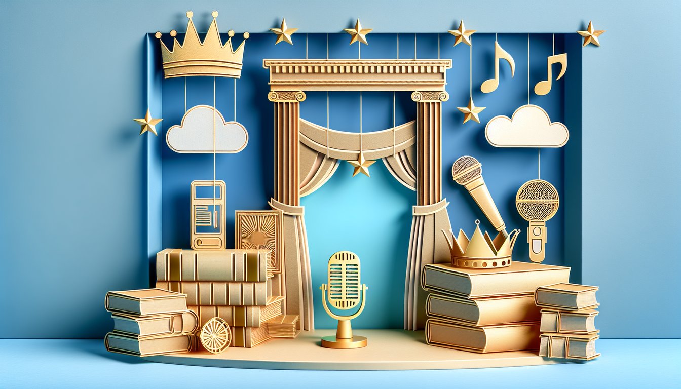 Paper art illustration promoting a famous people trivia quiz on a sky blue background