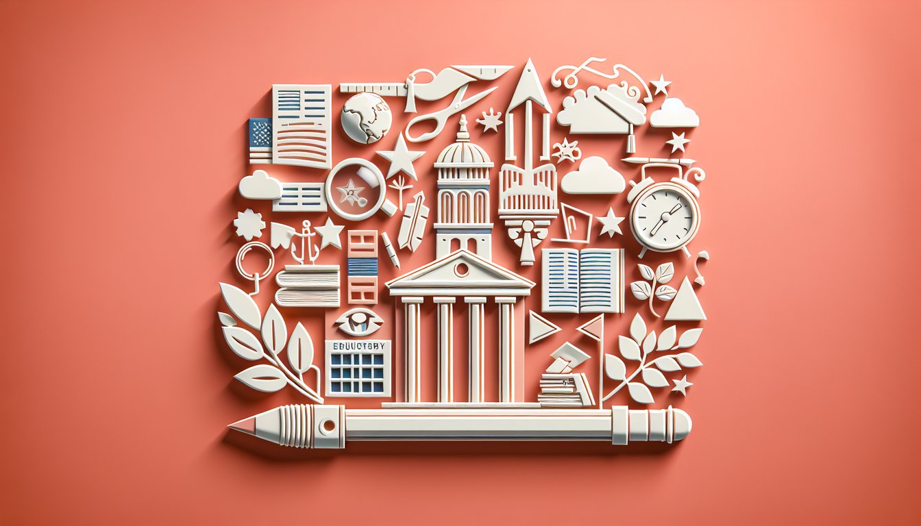 Paper art collage of quill scroll US flag elements on coral background promoting AP US History Unit 1 quiz