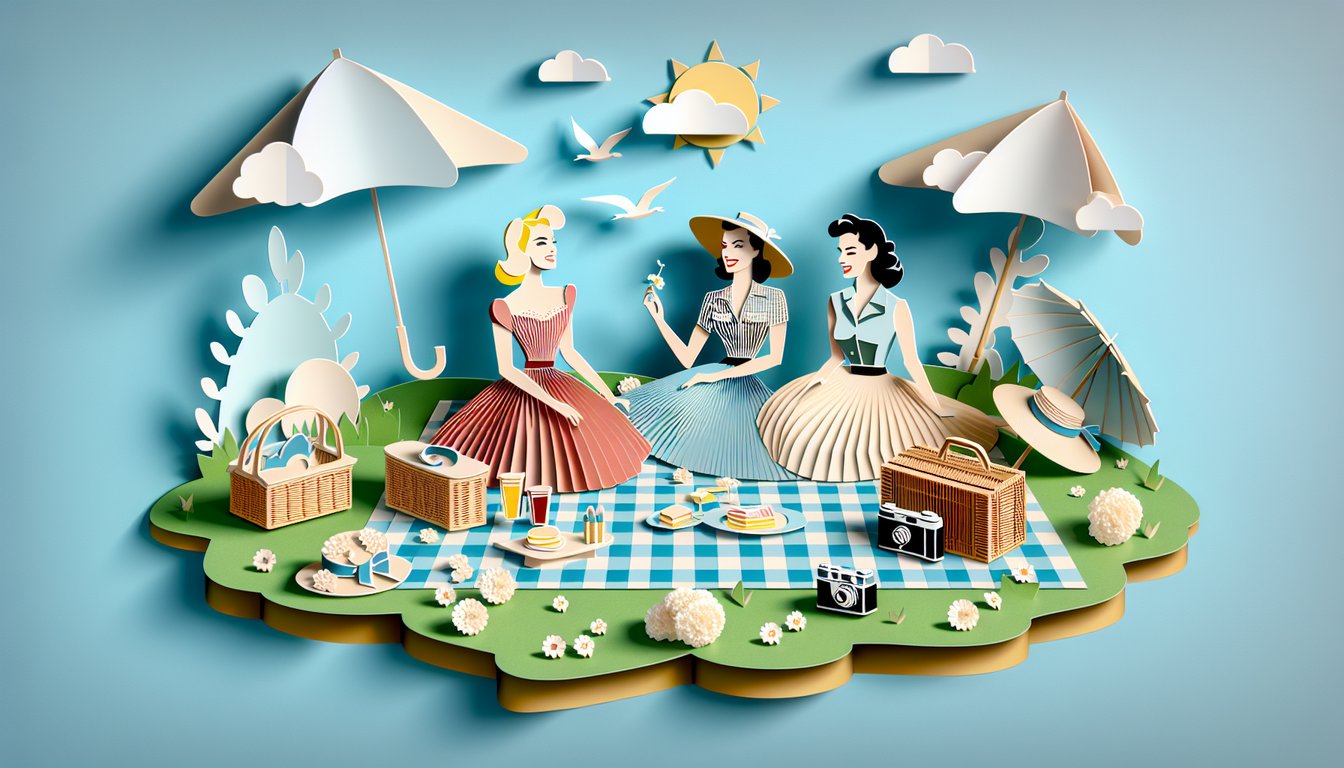 Paper art illustration of a woman in a classic dress and sunglasses on a sky blue background for an Audrey Hepburn quiz