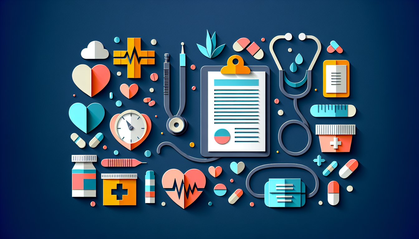 Colorful paper art depicting a Healthcare Management Knowledge Assessment Quiz.