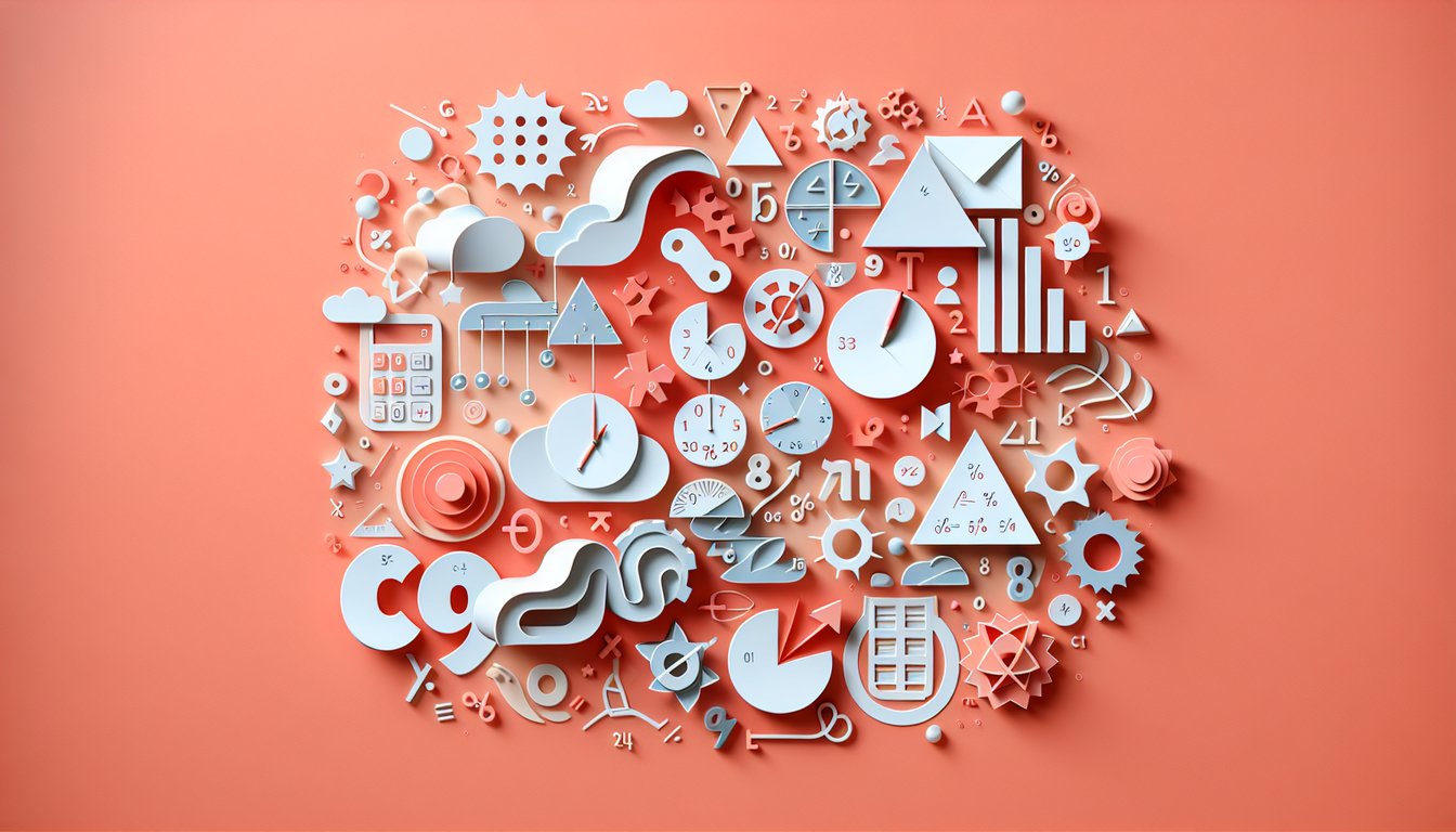 Illustration of a math quiz on a coral background challenging arithmetic, algebra, and problem-solving skills.