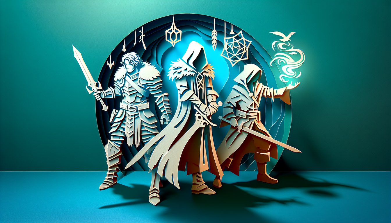 Paper art illustration for RPG class personality quiz on teal background