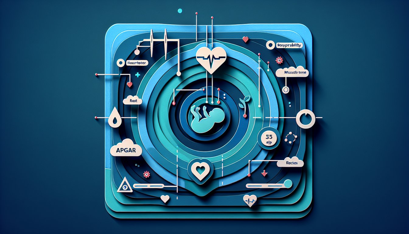 Paper art illustration showing Apgar score chart newborn embryo stages on dark blue background for quiz.