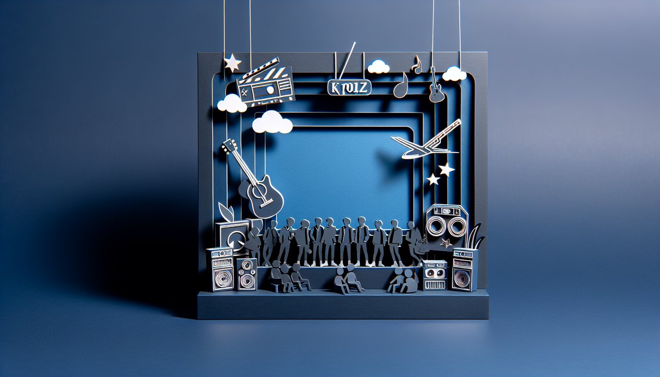 Paper art illustration of Kpop idol silhouettes on dark blue background with text inviting quiz to match your style vibe.