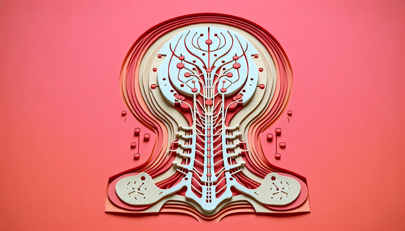 Paper art of spinal nerves dermatomes myotomes cervical region on coral background for nerve mapping quiz