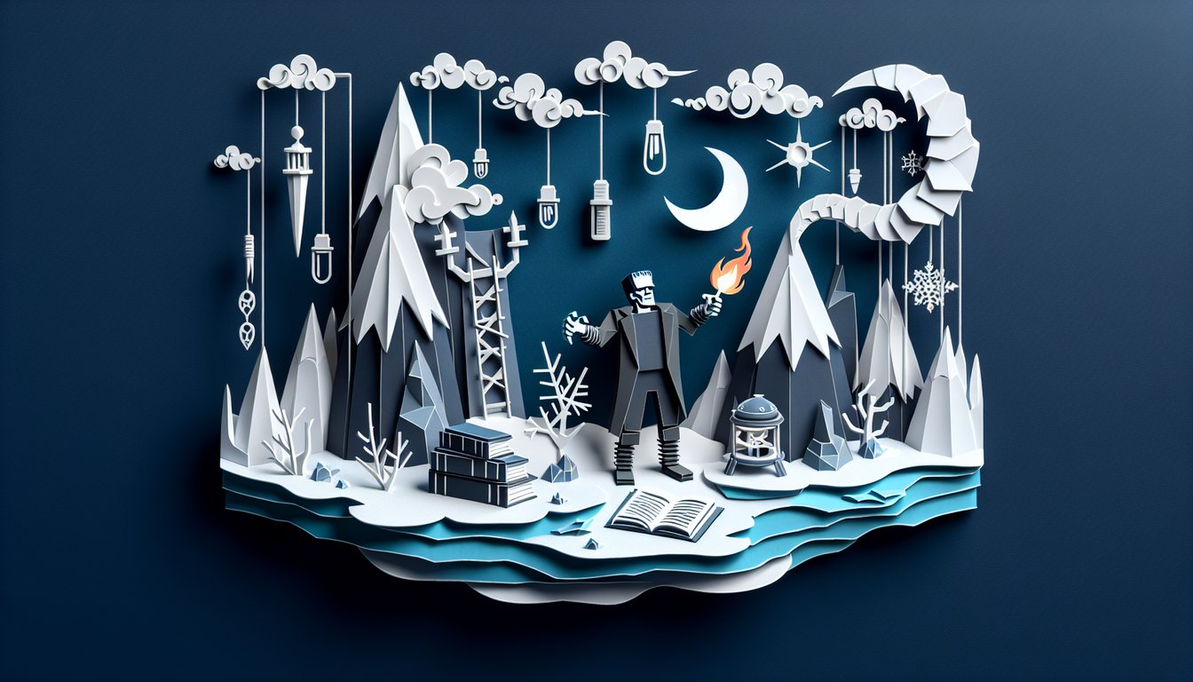 Paper cut illustration of Dr Frankenstein book question mark motifs on dark blue background for quiz