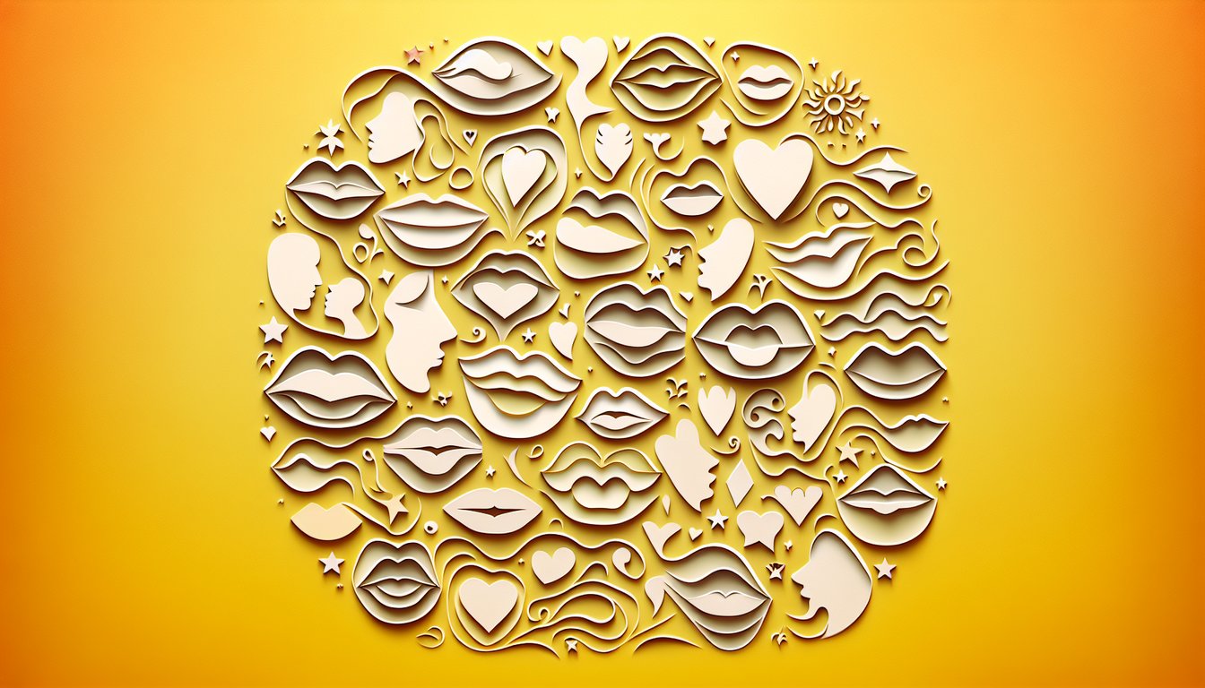 Paper art illustration of lips, hearts and arrows on golden yellow background promoting a playful kissing style quiz