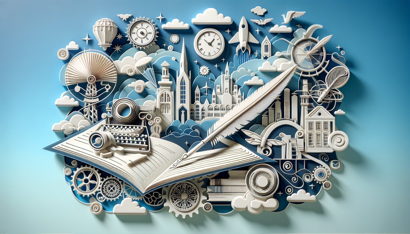 Paper art illustration for literary style quiz on sky blue background