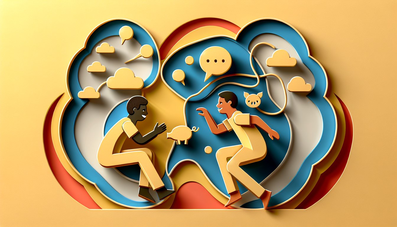 Paper art illustration of playful letters and shapes for Pig Latin quiz on golden yellow background