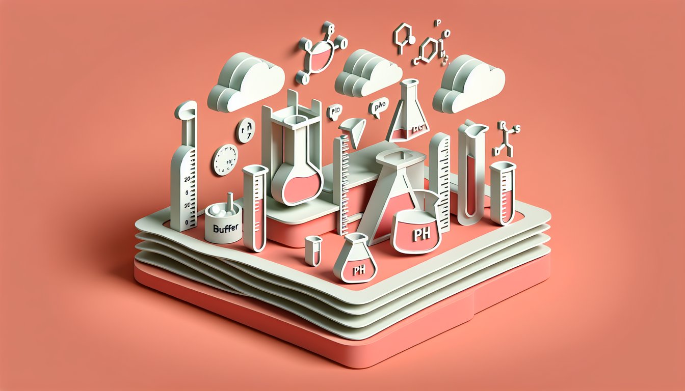 Paper art illustration for a quiz testing buffer solution practice problems skills on a coral background