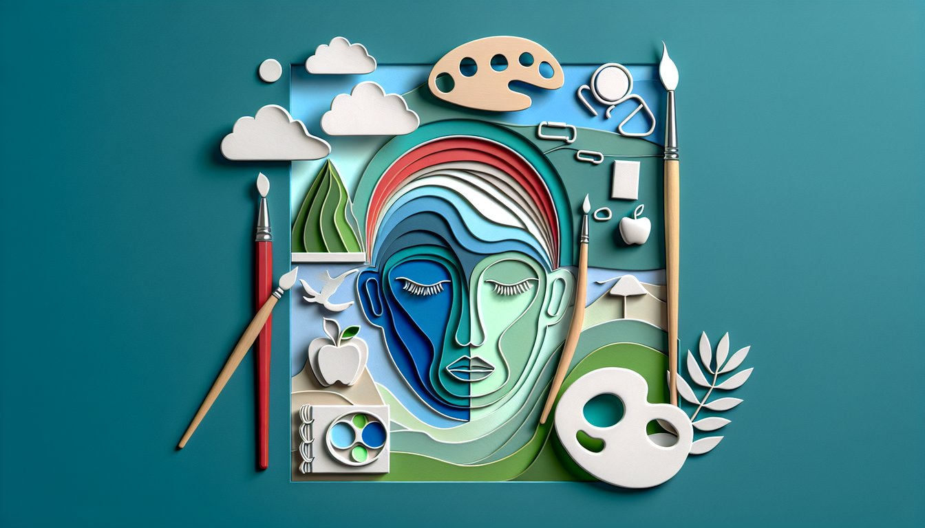 Paper cut art supplies paint palette brushes landscapes portraits still life icons on teal background for 5th grade art quiz