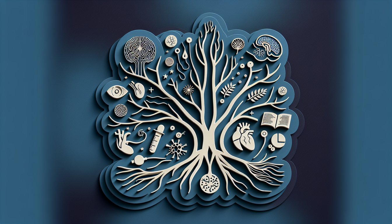 Paper art illustration shows sympathetic parasympathetic pathways from thoracolumbar region on dark blue background.