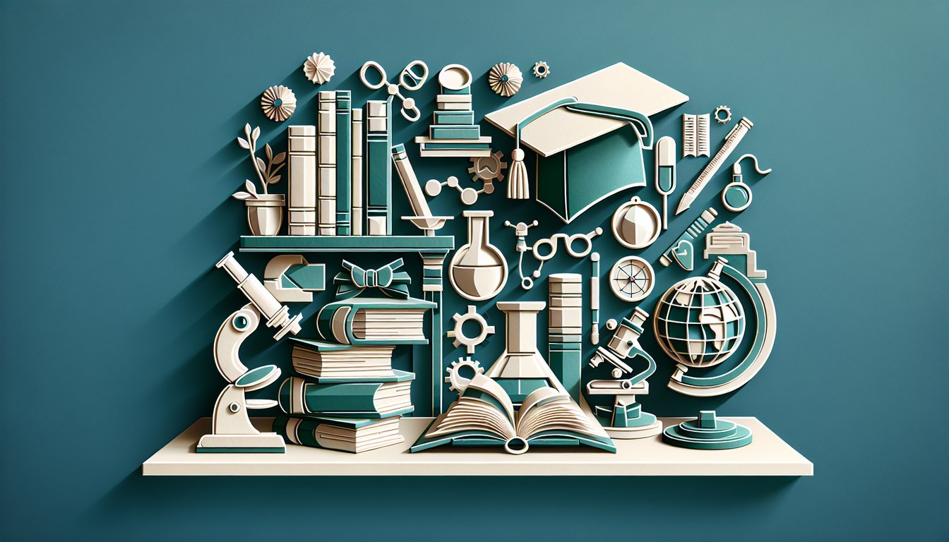 Paper art illustration of college quiz elements including books question marks pencil graduation cap on teal background