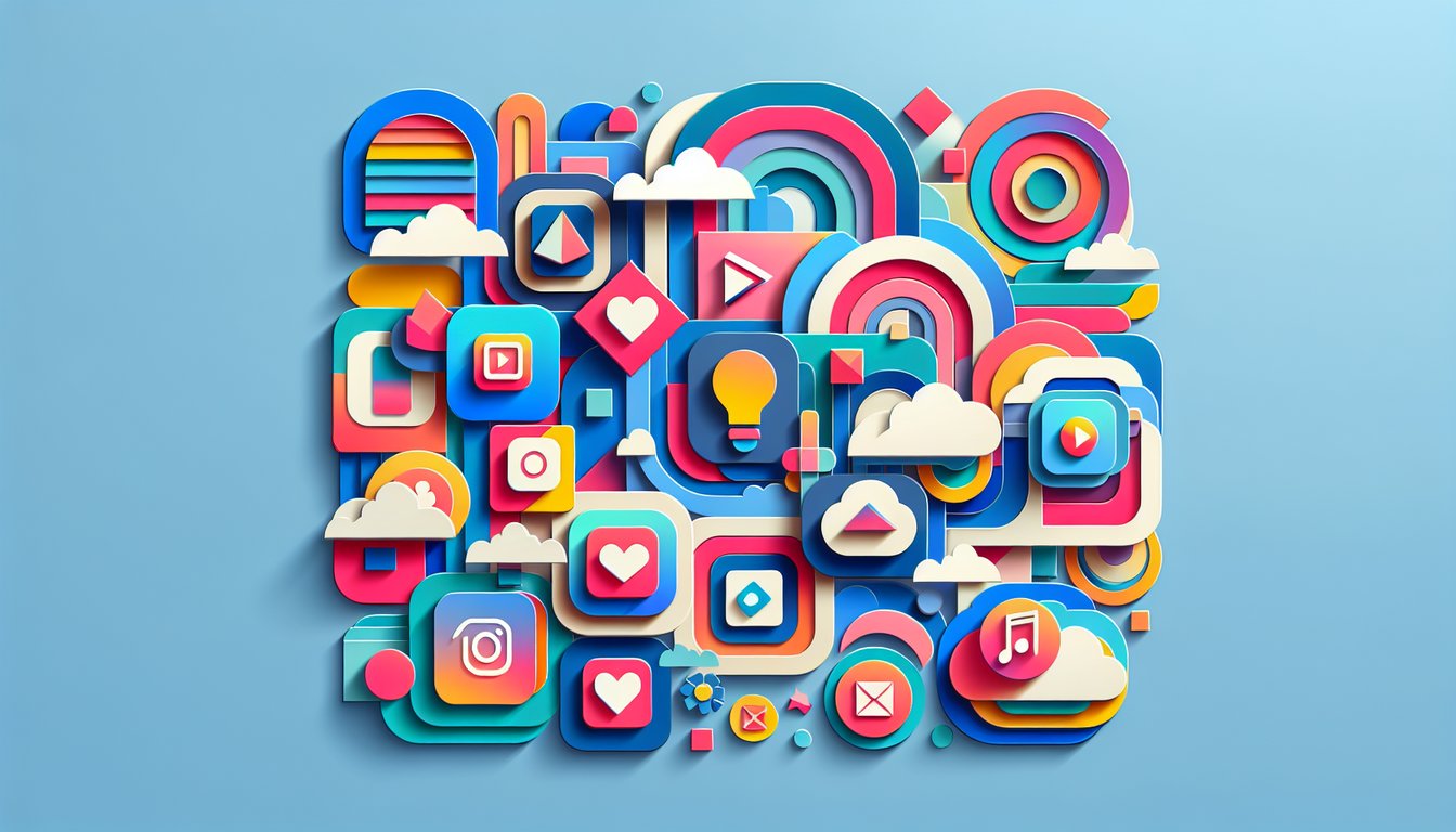 Paper art illustration for a Guess the App Logo quiz on a sky blue background