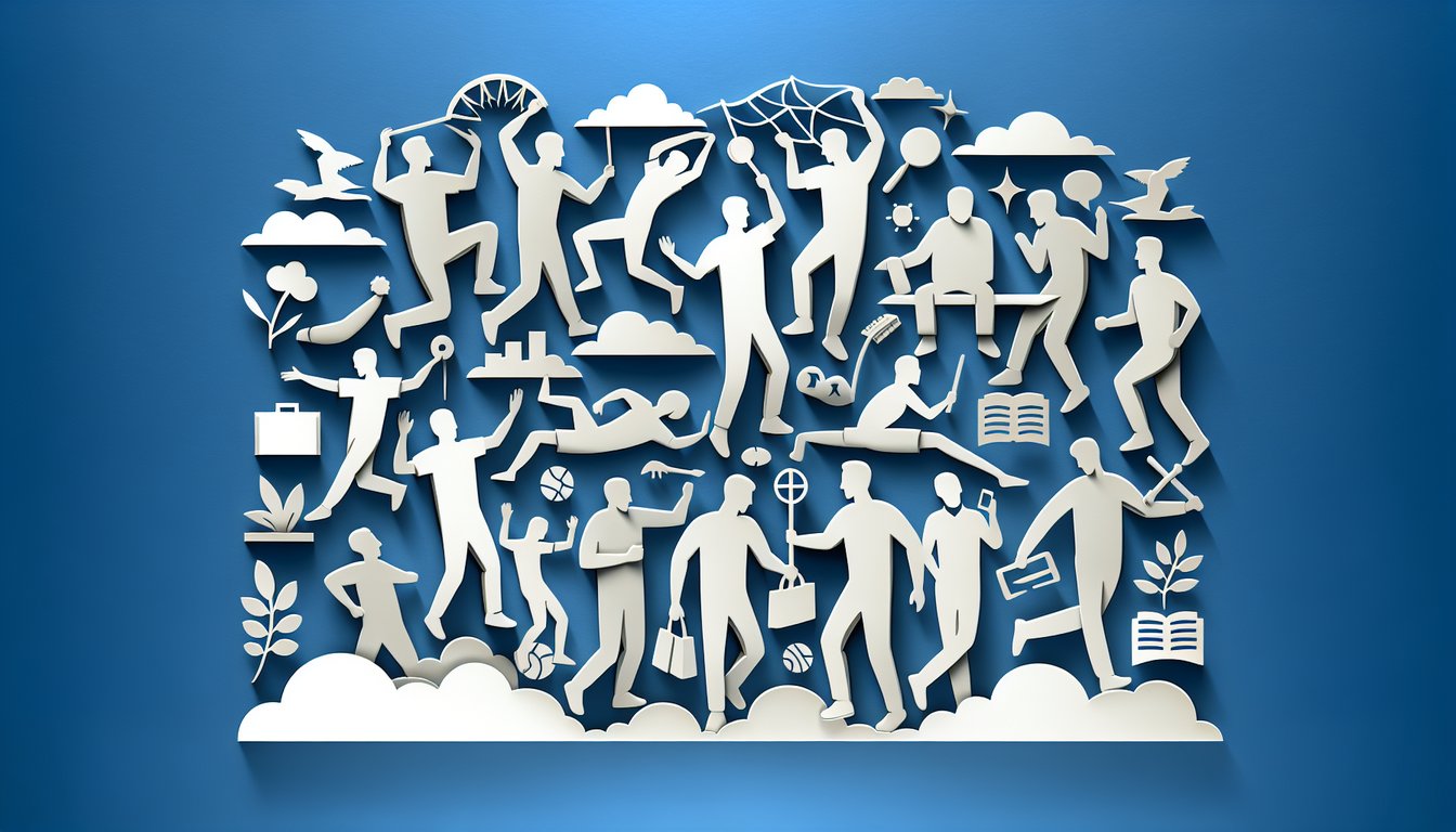 Paper art illustration for a friendship group role quiz on a sky blue background