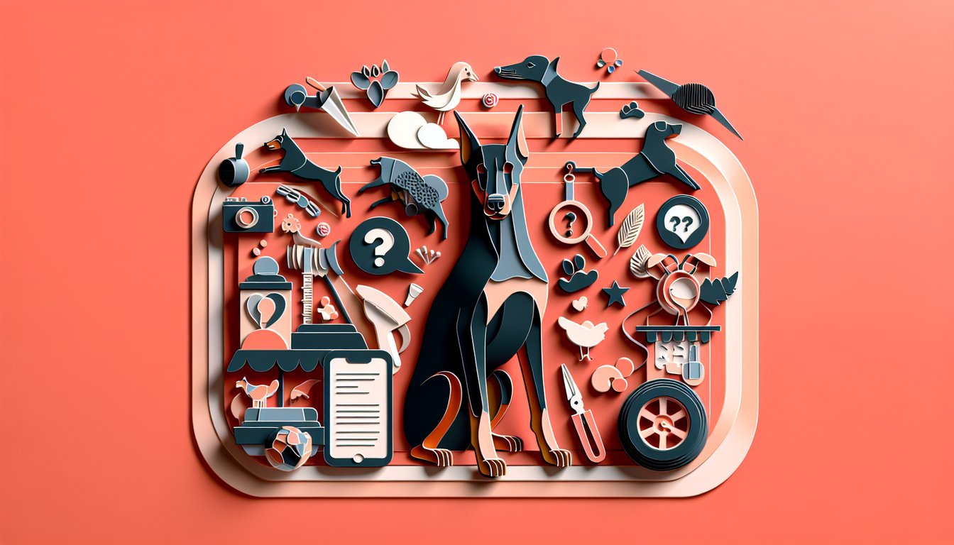 Paper art illustration for Doberman suitability quiz on a coral background