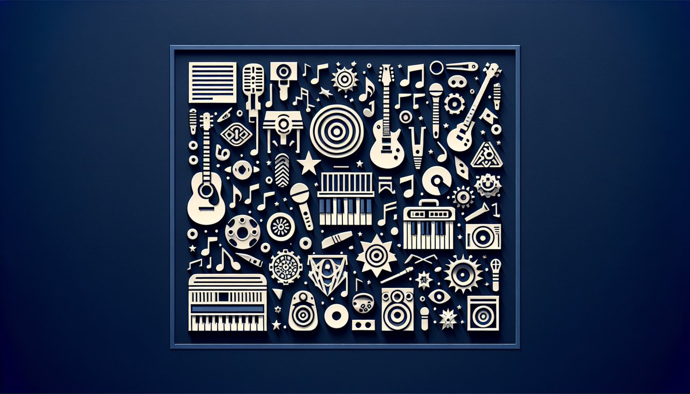 Colorful paper art depicting musical instruments for a Music Band Trivia Quiz.