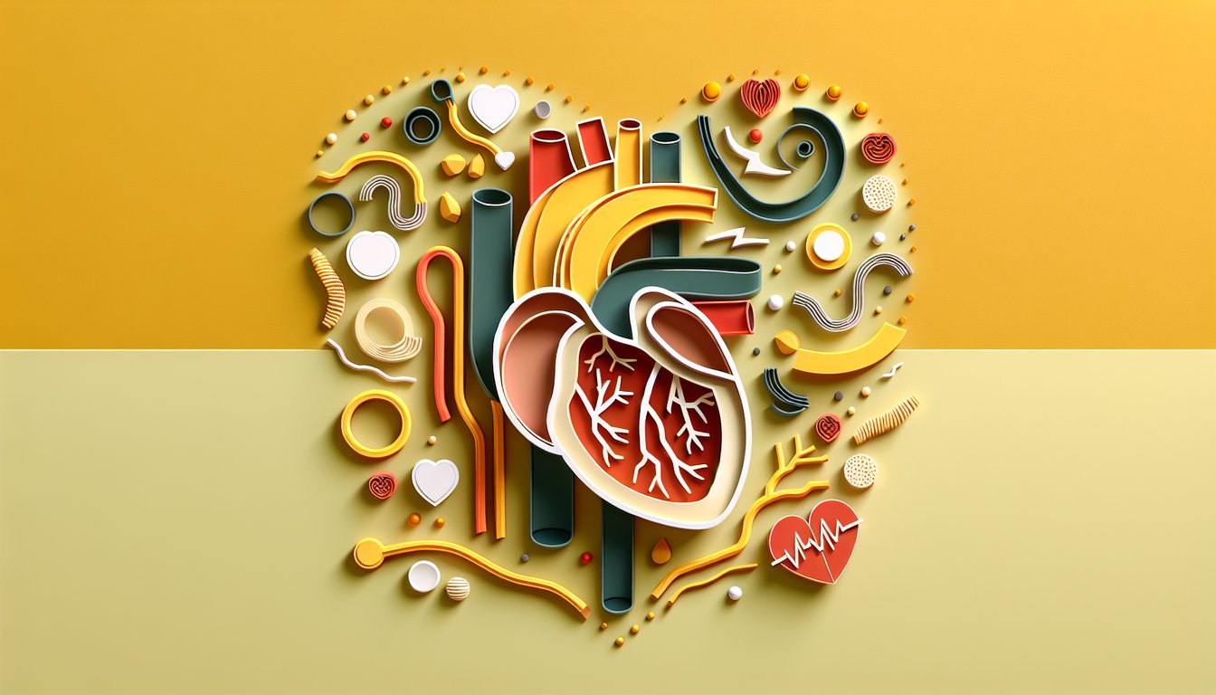 Paper art heart diagram with arteries veins and stethoscope on golden yellow background for cardiovascular quiz