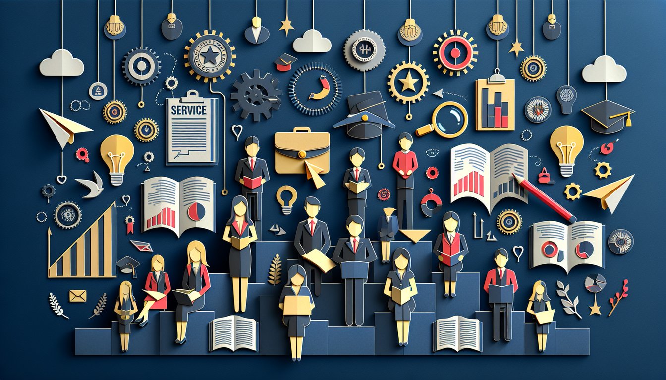 Colorful paper art promoting a Service Success Quiz for business students.