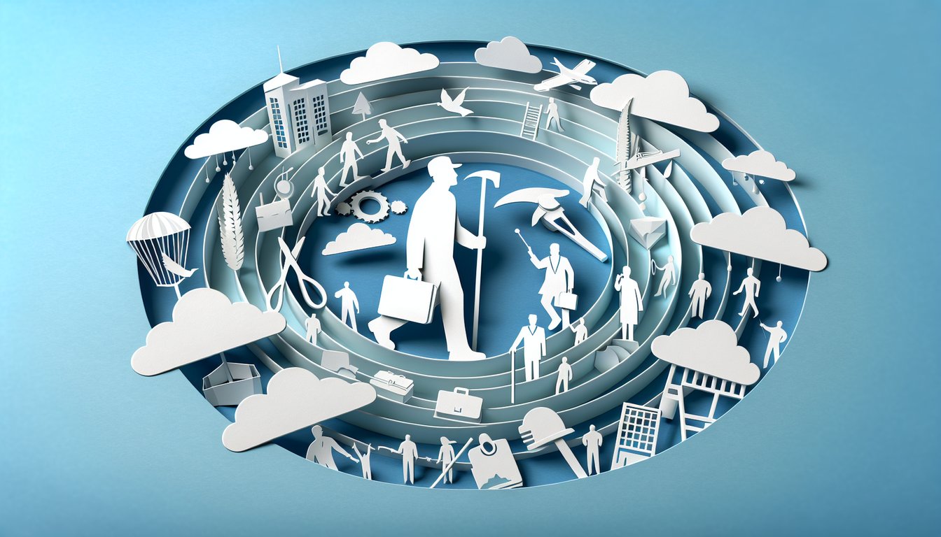 Paper art illustration showing figures and symbols from The Giver against a sky blue background for a career quiz