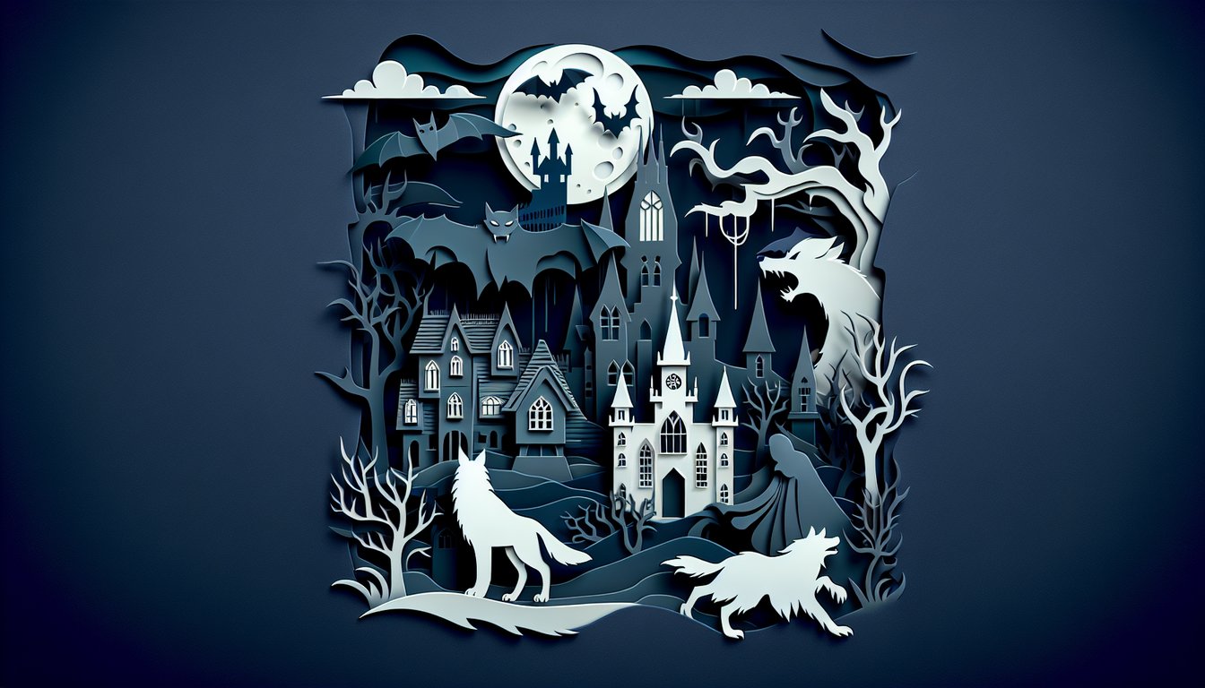 Paper art illustration of vampire, werewolf, ghost and wild creature silhouettes on dark blue background for quiz