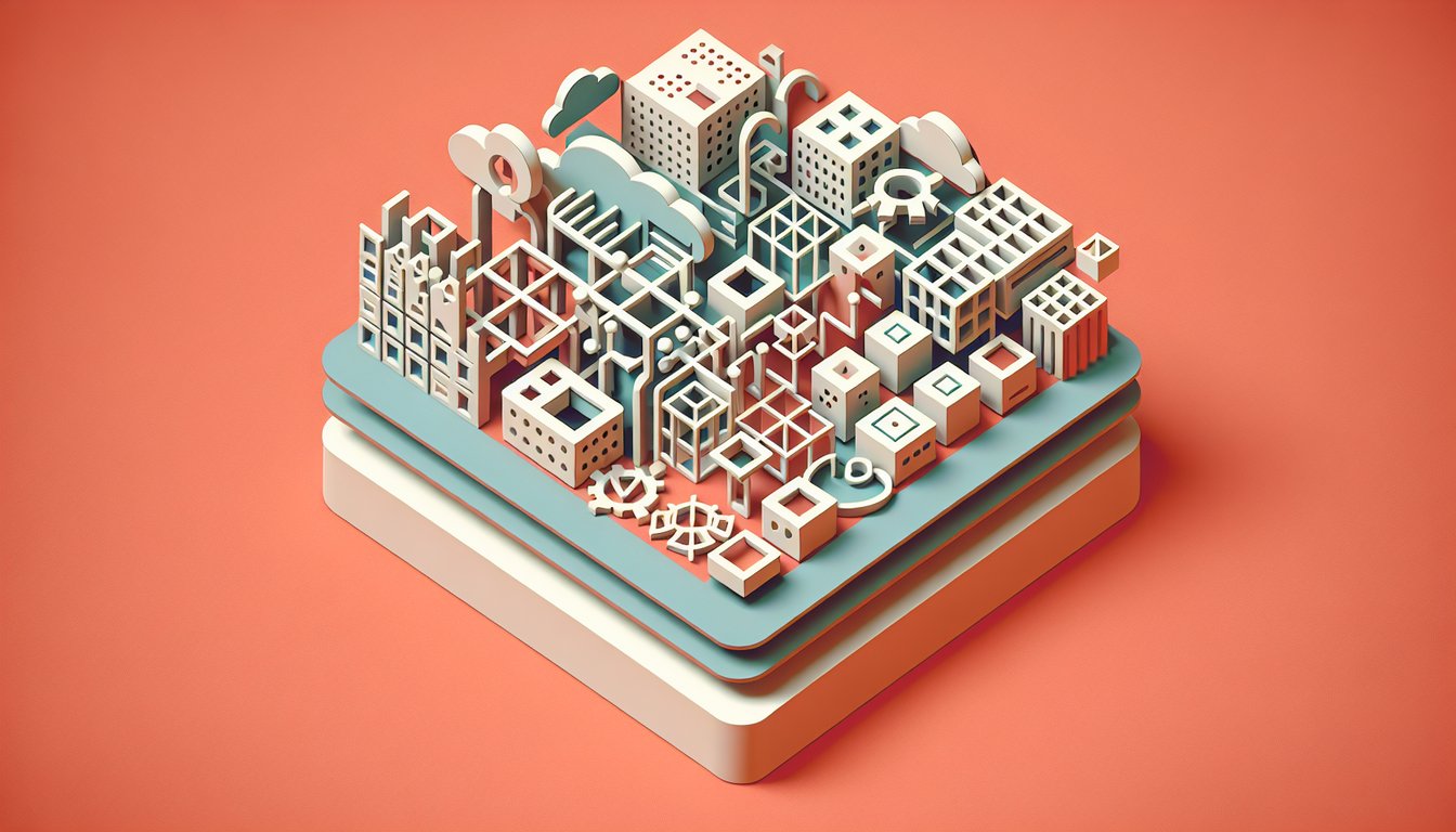 paper art collage of grid patterns blocks arrows and numbers representing matrix algebra modeling on coral background