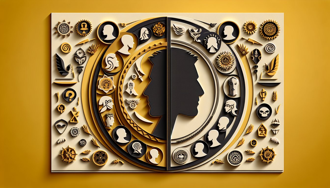 Paper art quiz illustration revealing ultimate foe based on personality traits on golden yellow background.