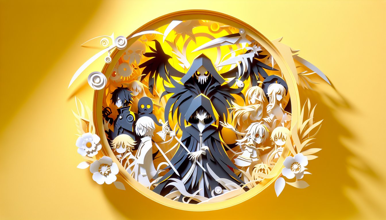 Paper art style Bleach Soul Reaper silhouettes and names on golden yellow background quiz reveals anime alter ego