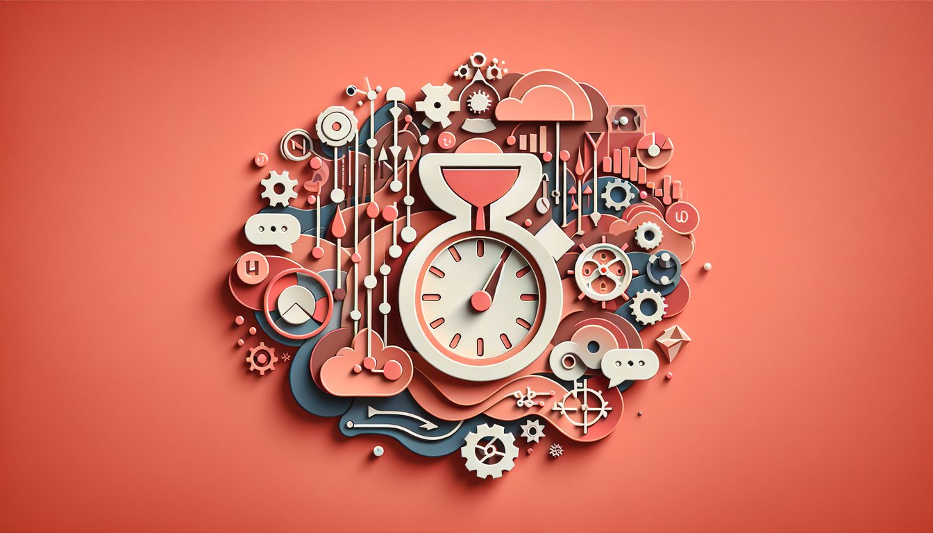 Paper cut illustration of calculator stopwatch pencil and gears on coral background symbolizing time work math quiz