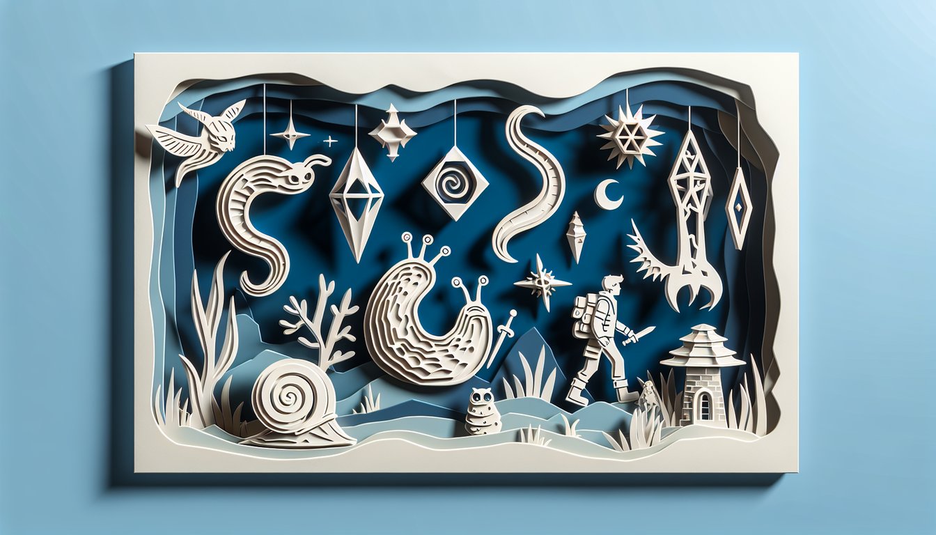 Paper art quiz illustration featuring Eli Shane and Slugterra slug characters on sky blue background
