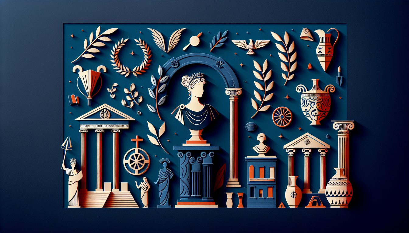 Paper art promoting a trivia quiz on historical roles and influences of Roman women.