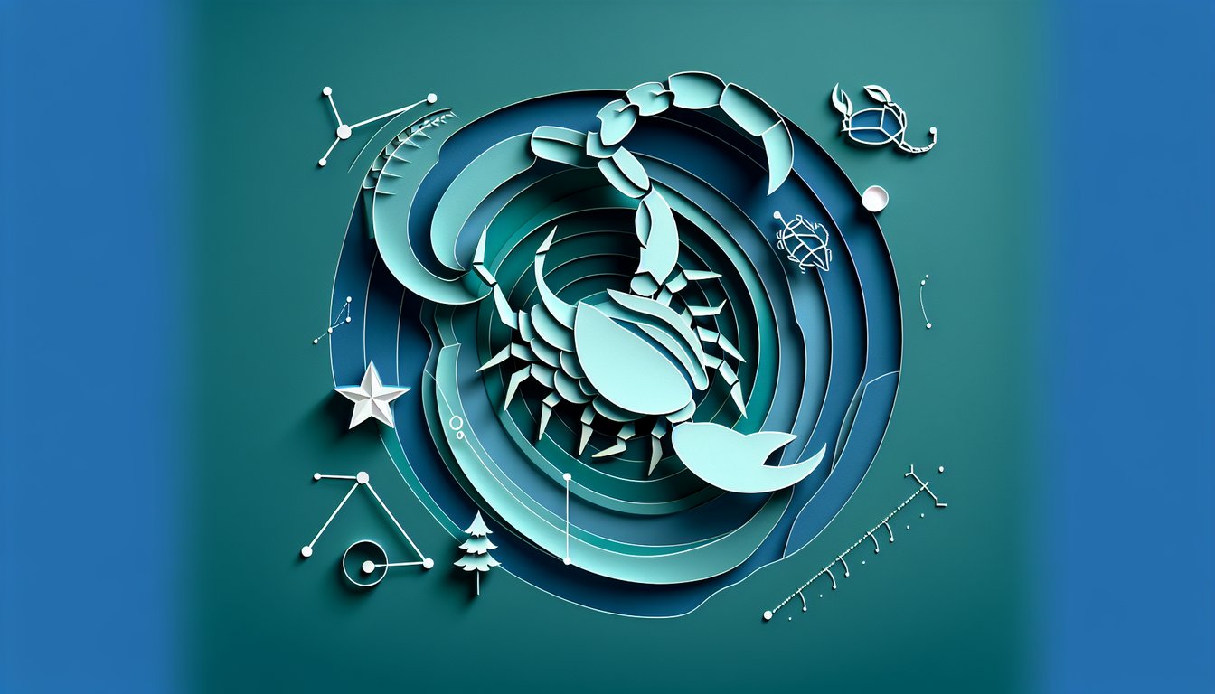 Paper art illustration of Scorpio symbol and zodiac motifs on teal background for intensity quiz.