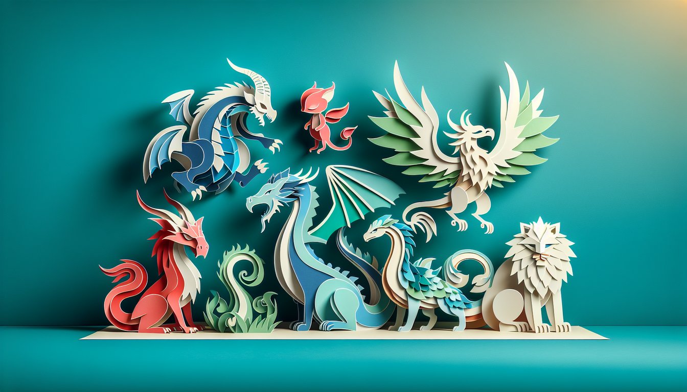 Paper art cutouts of dragon, pixie and griffin on teal background for a personality quiz to find your mythical creature