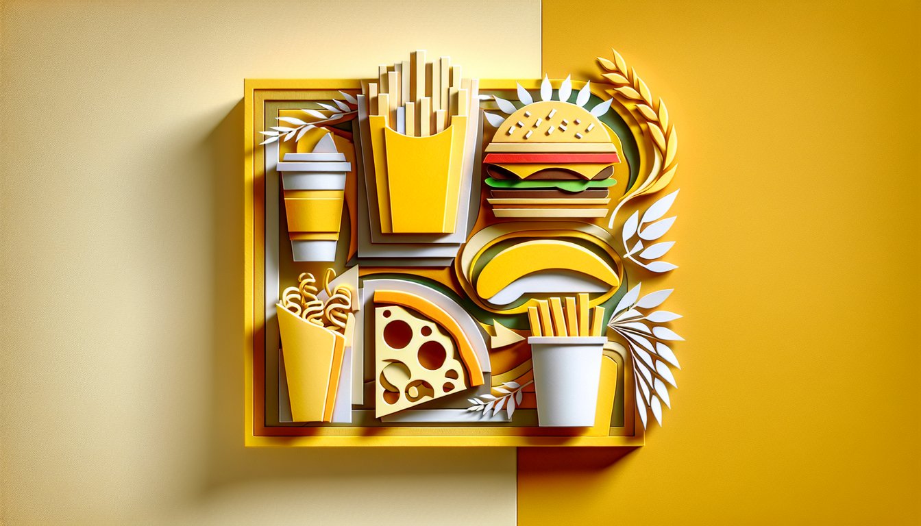 Paper art burger fries taco soda on golden yellow backdrop inviting quiz to match your personality to a fast food restaurant