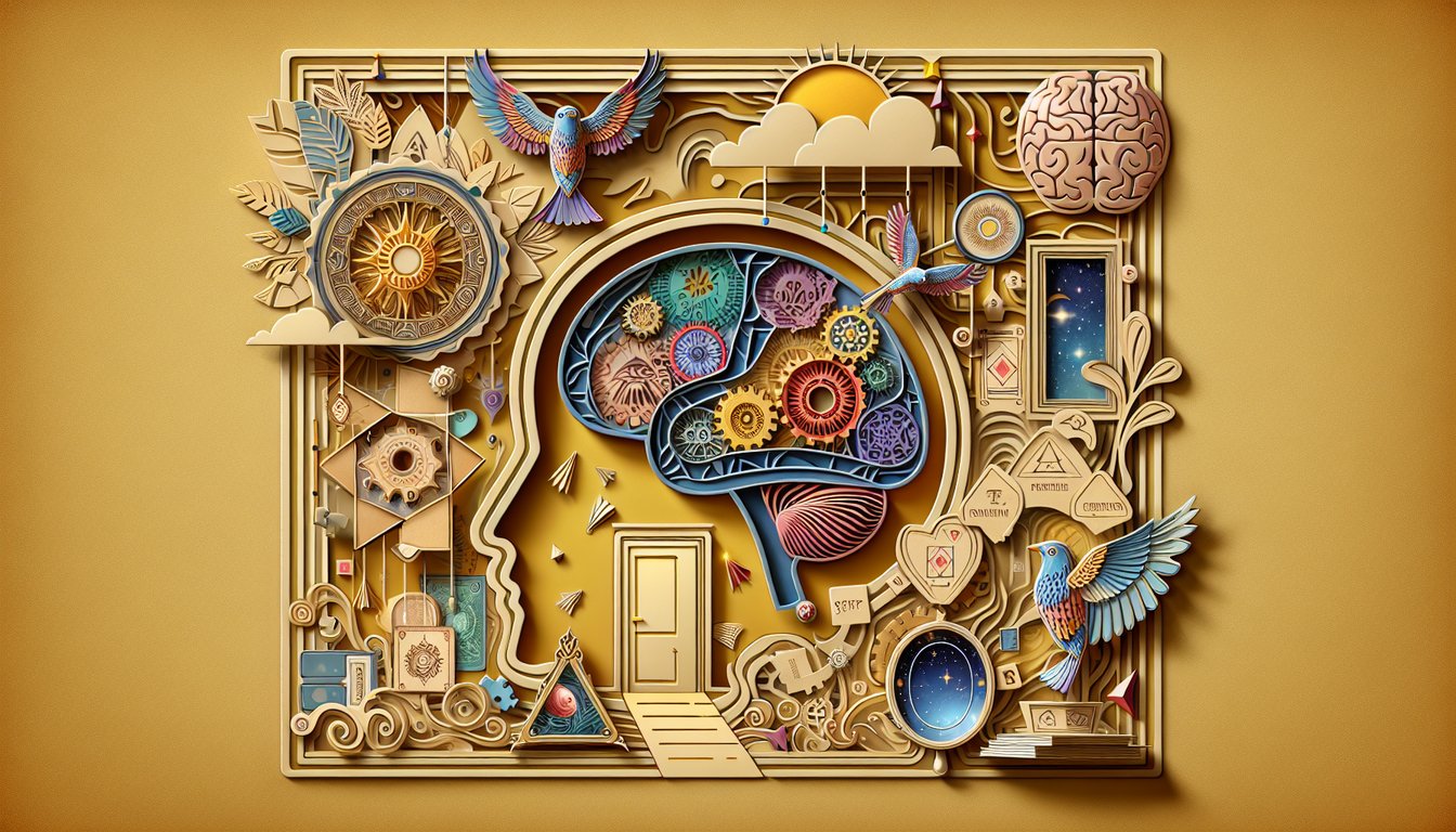 Paper art illustration for persona quiz revealing unique traits and inner arcana on golden yellow background